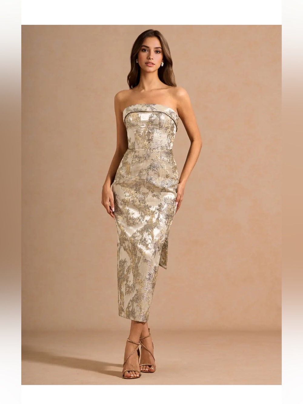 Azazie Strapless Metallic Jacquard Midi Dress - Gold